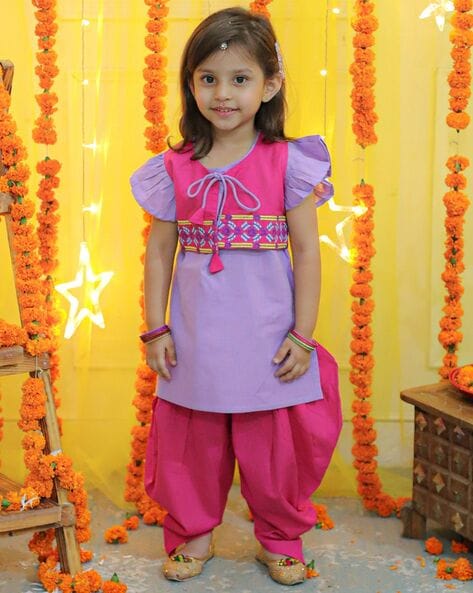 Buy Yellow Silk Dhoti Set with Bandhej Cowl for Girls Online