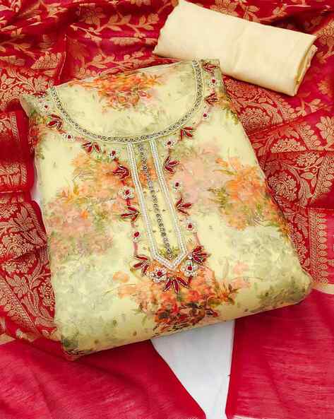 Embroidered Unstitched Top Bottom Dress Material with Dupatta Price in India