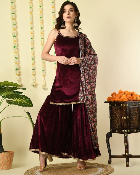 Straight Kurta with Sharara Pants & Floral Print Dupatta Price in India