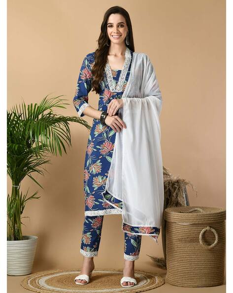 Floral Print Straight Kurta with Pants & Dupatta Price in India