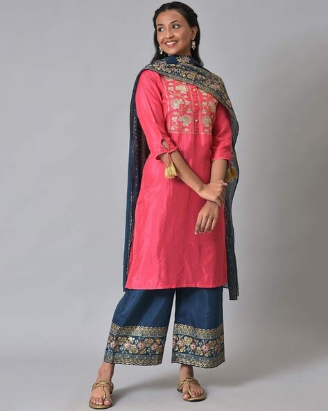 AURELIA Women Zari Embroidered Straight Kurta with Palazzos & Dupatta