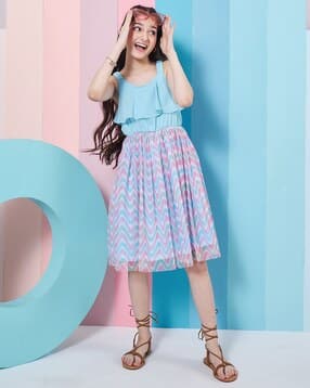 Girls Chevron Print Round-Neck Fit & Flare Dress-image-2