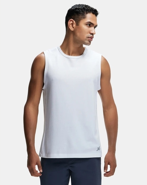 Men's Super Combed Cotton Blend Breathable Mesh Sleeveless Muscle Tee with  Stay Fresh Treatment - White