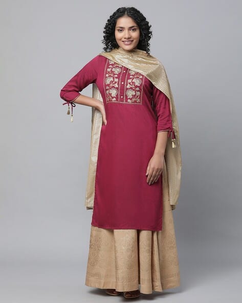 AURELIA Women Embroidered Straight Kurta with Skirt & Dupatta