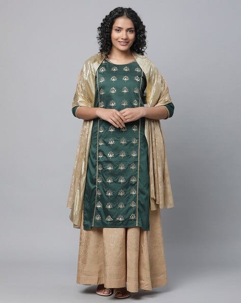 AURELIA Women Embroidered Straight Kurta with Palazzos & Dupatta