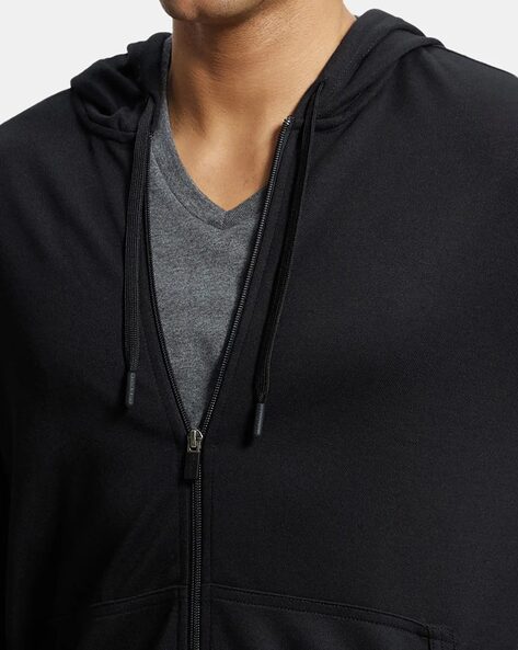 Buy Men's Super Combed Cotton Rich Pique Fabric Ribbed Cuff Hoodie Jacket -  Black AM61
