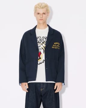 Buy KENZO Drawn Varsity Workwear Jacket | Navy Blue Color Men