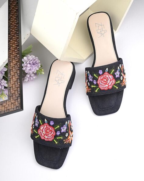 Zebba Women Embroidered Open-Toe Platforms