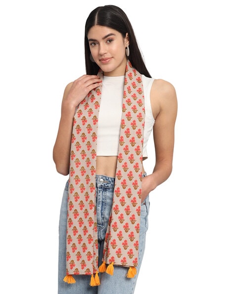 Women Floral Print Scarf with Tassels Price in India