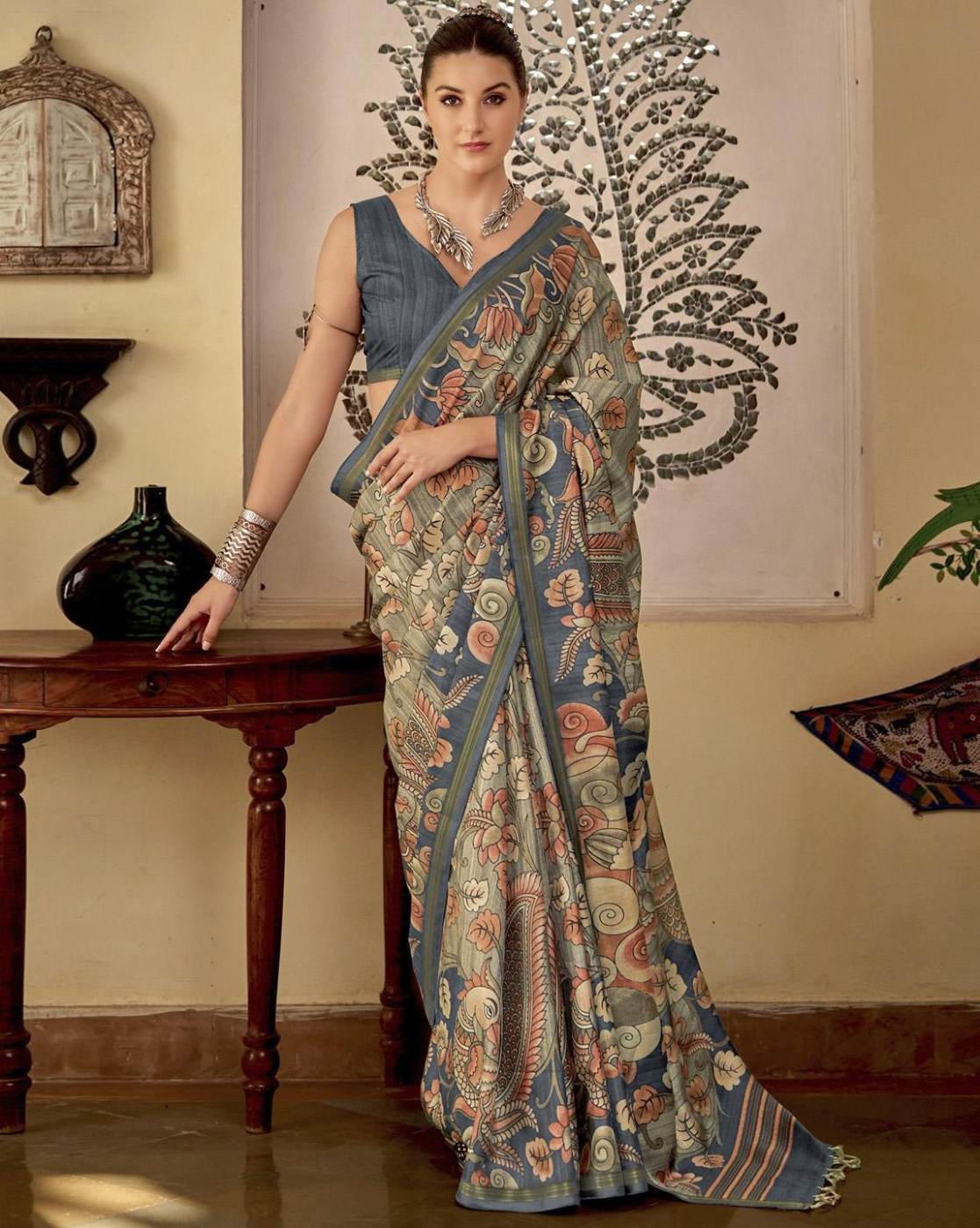 Pebble Kalamkari Sari from Telangana fashion with Printed Flowers All-Over