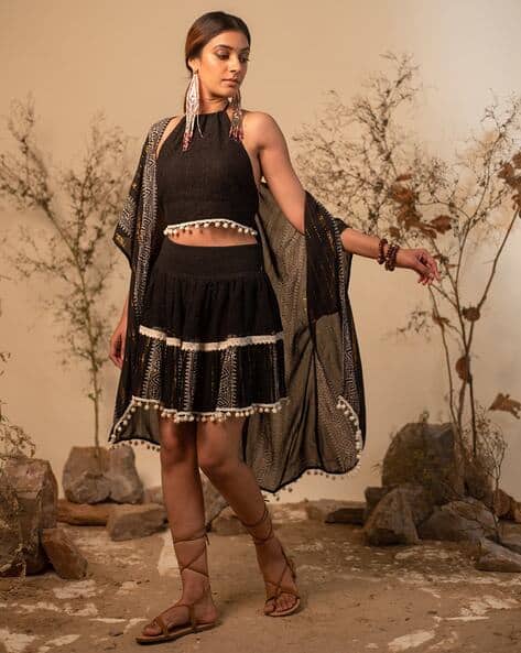 Women Lace Crop Top with Skirt Shrug