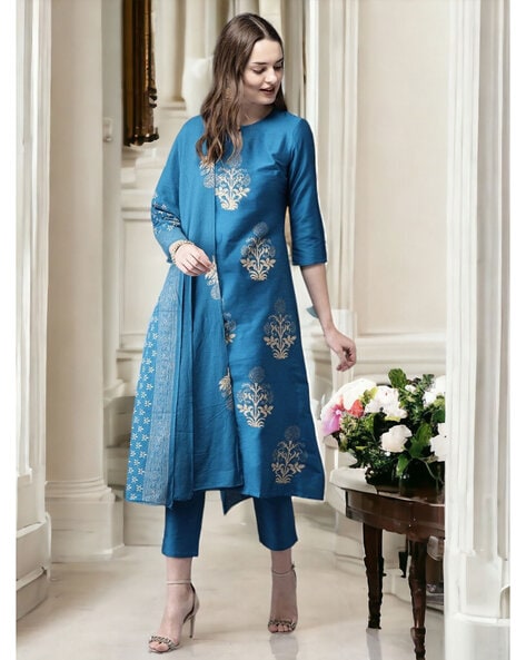 Floral Print A-Line Kurta with Pants & Dupatta Price in India