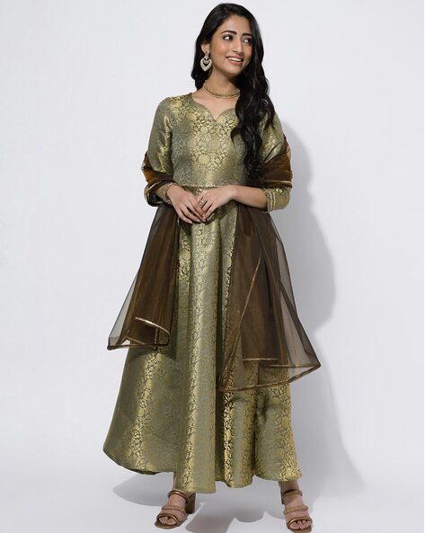 Women Embellished A-Line Kurta with Pants & Dupatta Set Price in India