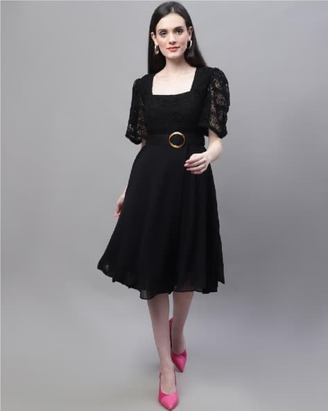 knee length dresses for ladies Black Full Sleeves Lace Fit and Flare Maxi Dress for Women