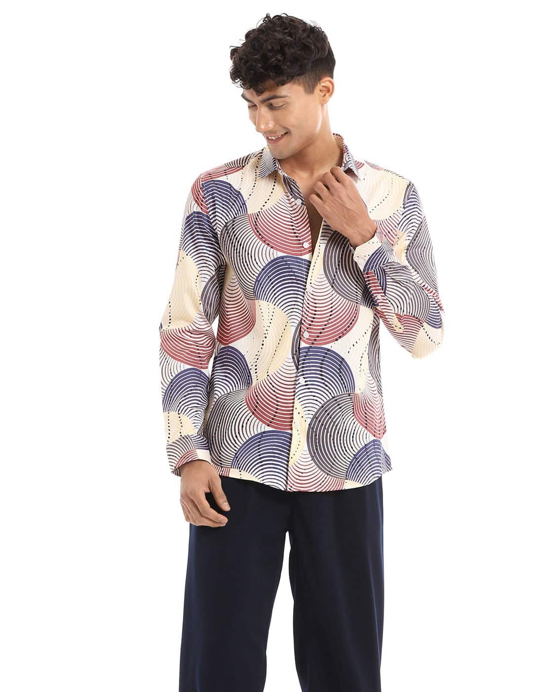 BANANA CLUB Men Geometric Print Slim Fit Shirt For Men (Cream, XL)