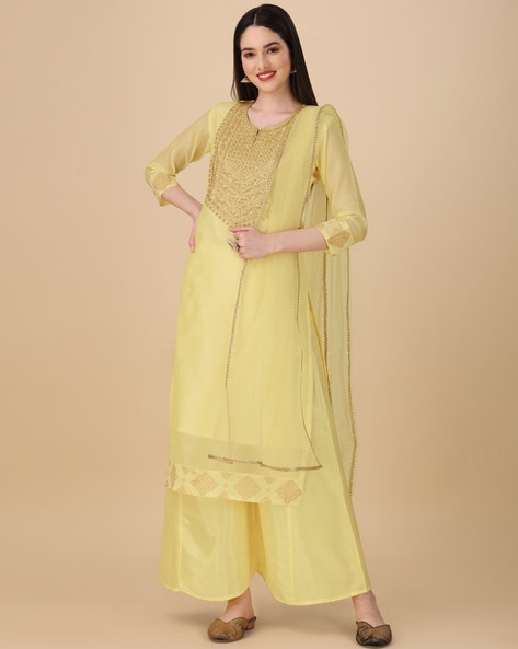 Women Embroidered Straight Kurta with Palazzos with Dupatta Price in India