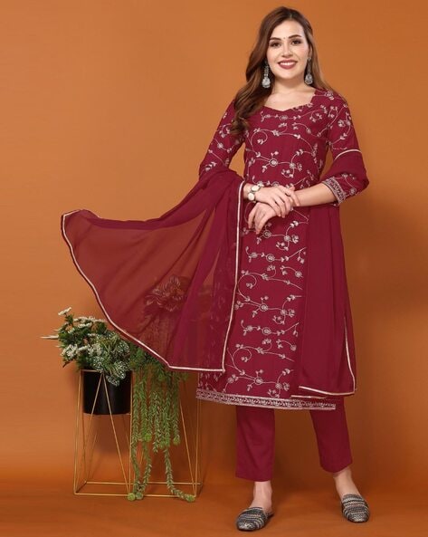 Women Embroidered Straight Kurta with Pants & Dupatta Set Price in India