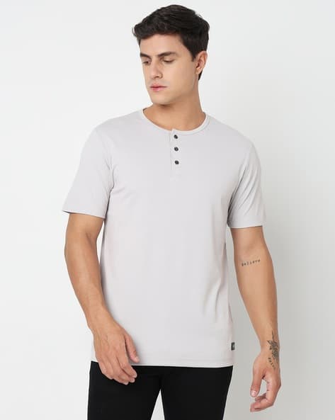 Buy GAS Ribbed Regular Fit Henley T-Shirt Online | Ajio.com