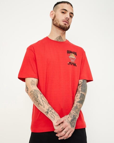 Men Typographic Print Oversized Fit Crew-Neck T-Shirt