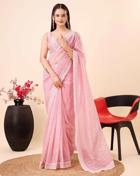 Trendmalls Womens Silk Heavy Embroidery Half & Half Pink Party Wear Saree  With Blouse - Trendmalls - 3501608