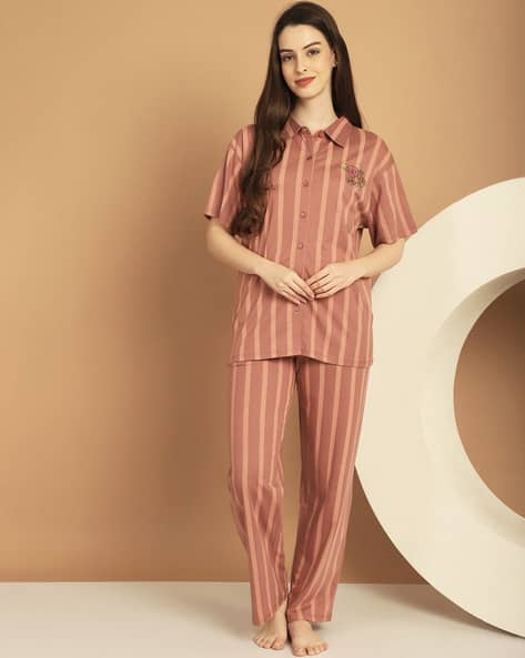 Women Striped Shirt Pyjamas Set