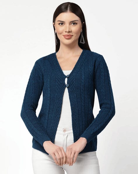 Women Textured V-Neck Cardigan with Half-Button Closure