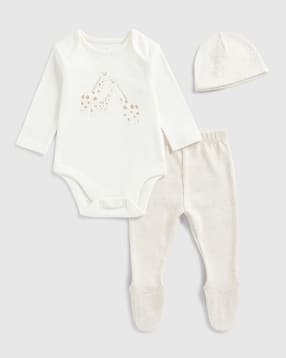 mothercare Unisex Printed Cotton Bodysuit with Cap & Pants-picture-37