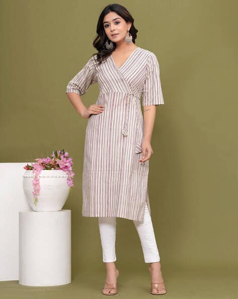 Bunkari Women Striped Angrakha Kurta with Tie-Up