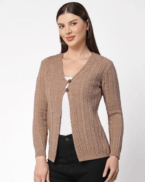 Brown Ajio Cardigan Women Textured Cardigan With Half-Button Closure