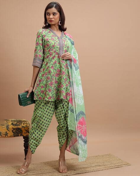 Ketch Women Floral Print Anarkali Kurta with Dhoti Pants & Dupatta