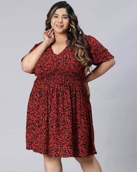 Women Plus Size Floral Print V-Neck Elasticated Knee Length Dress