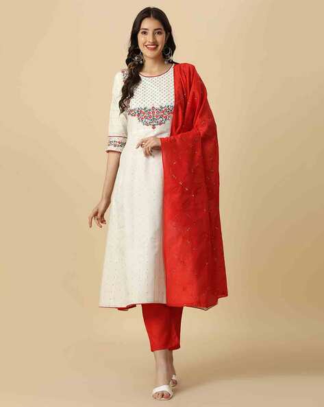 Women Embroidered 3-Piece Semi-Stitched A-line Dress Material Price in India