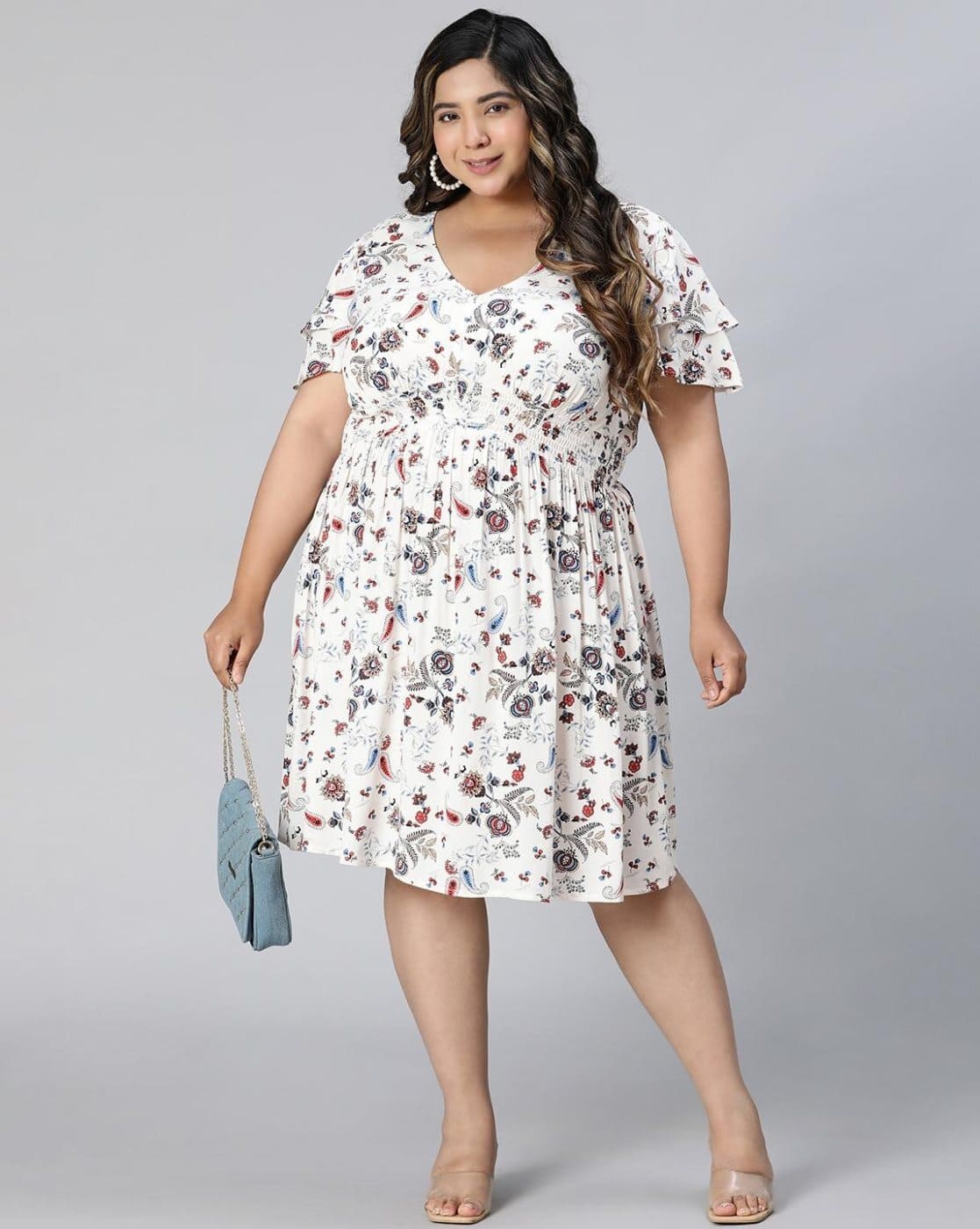 Women Plus Size Floral Print V-Neck Elasticated Knee Length Dress