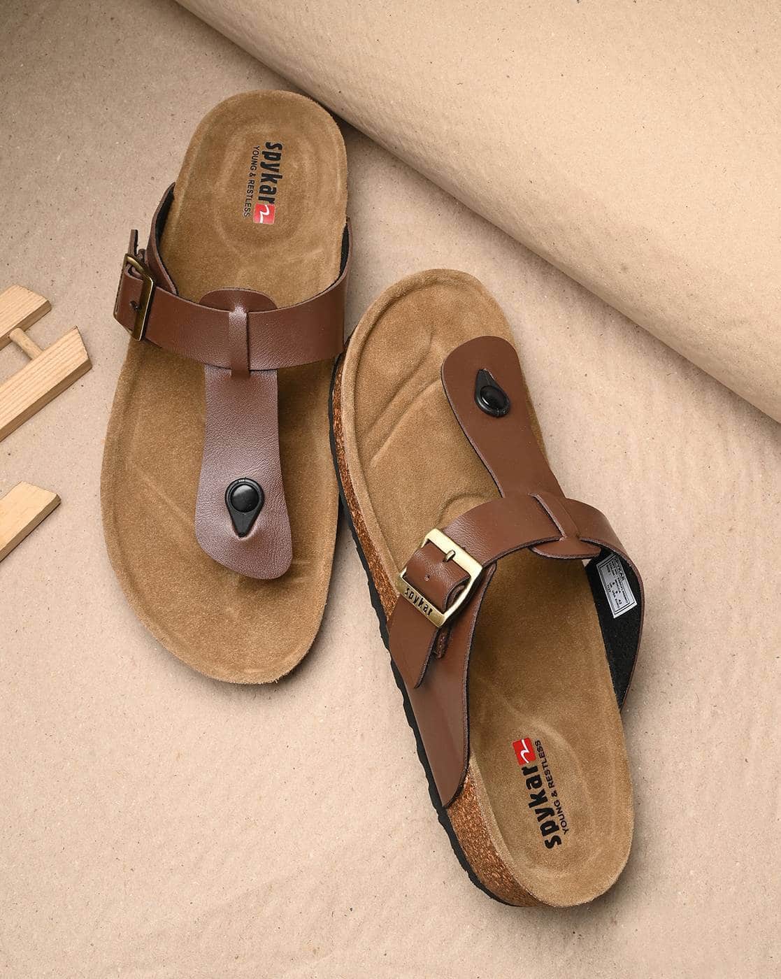 Men T-Strap Sandals with Buckle Fastening