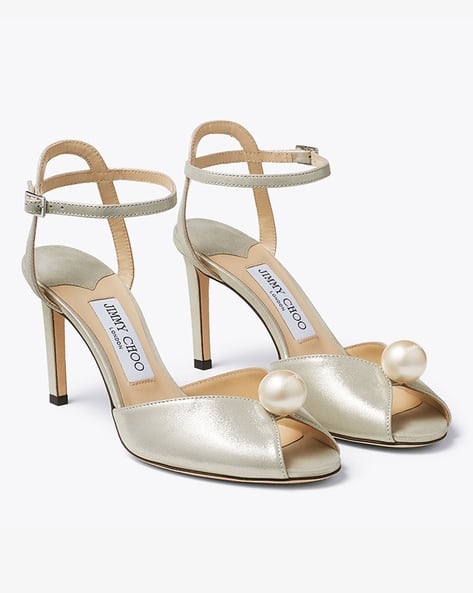 Buy Jimmy Choo Sacora 85 Shimmer Suede Sandals with Pearl