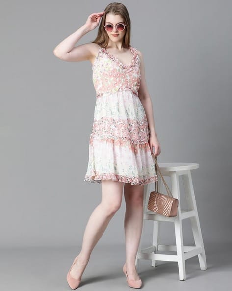 Women Floral Print Sleeveless Frill Detailed Short Flare Dress