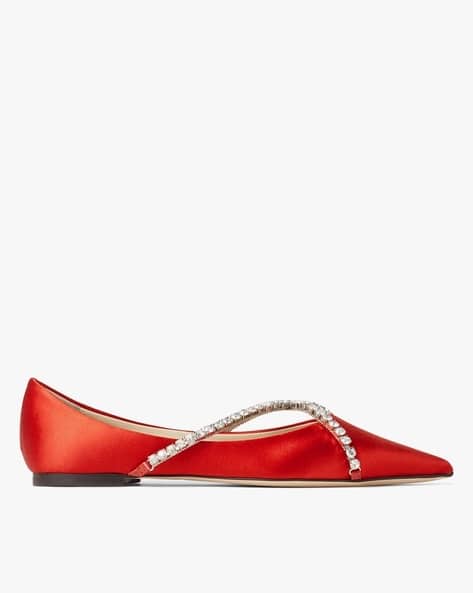 Buy Jimmy Choo Genevi Satin Pointed-Toe Flats Shoes with Crystal