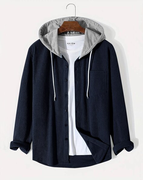 Men Striped Regular Fit Hooded Shirt