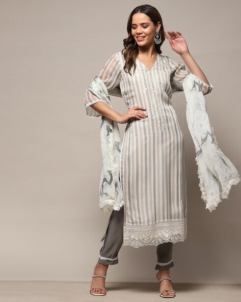 Women Striped 3-Piece Dress Material Price in India