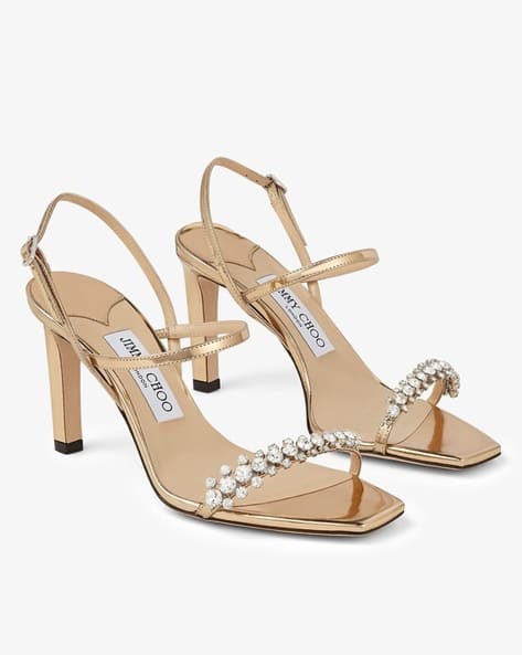 Buy Jimmy Choo Meira 85 Gold Leather Sandals with Crystal