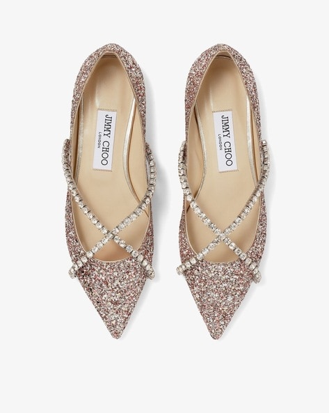 Buy Jimmy Choo Genevi Coarse Glitter Pointed Toe Flat Shoes with Crystal Chain Pink Color Women AJIO LUXE