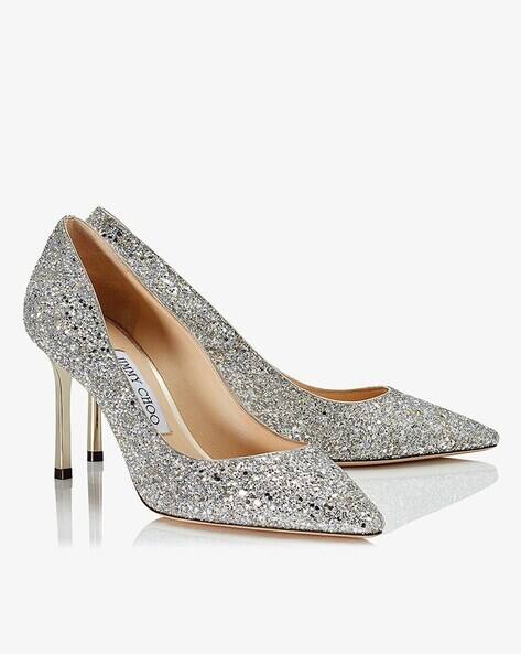 Buy Jimmy Choo Romy 85 Coarse Glitter Fabric Pumps | Silver Color 