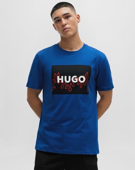 Buy HUGO Flame Logo Cotton Jersey Regular Fit T Shirt Blue Color Men AJIO LUXE