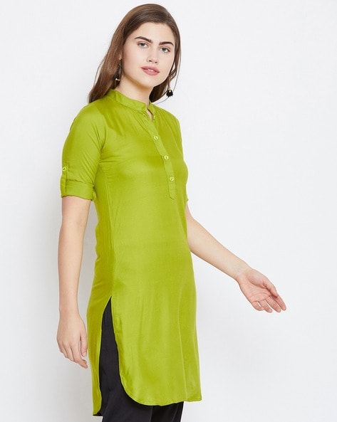 Women Straight Kurta with Roll Up Sleeves