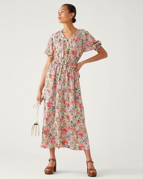 Women Floral Print V-Neck A-Line Dress