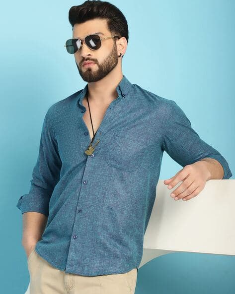Men Regular Fit Shirt with Button-Down Collar