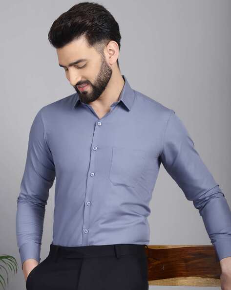 Men Regular Fit Shirt with Spread Collar