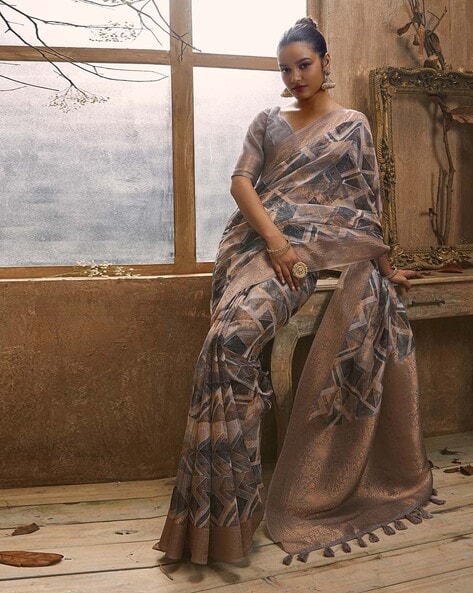 Geometric Print Saree with Tassels