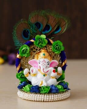 ecraftindia Lord Ganesha Idol on Decorative Handcrafted Floral Plate with Peocock Feather for Home & Car-picture-32