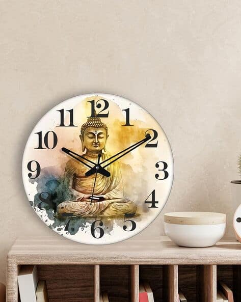 Olive Tree Lord Budha Print Round-Shaped Wooden Analogue Wall Clock